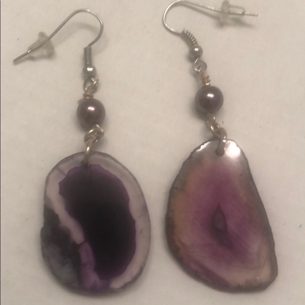 Purple Geodes With Purple Pearls Earrings